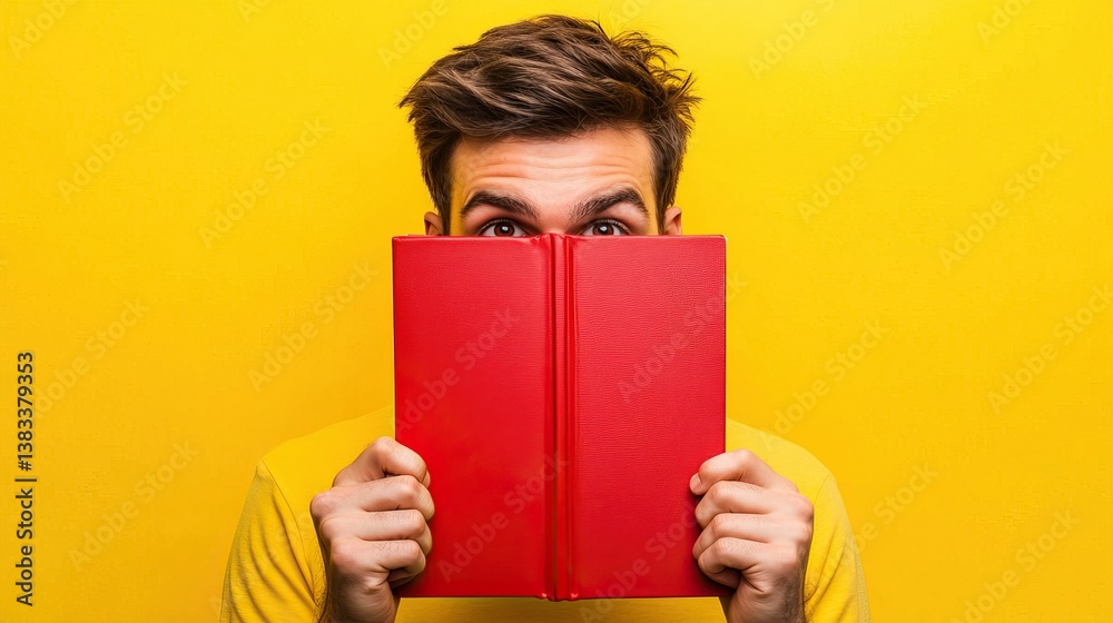 Man hiding half of his face behind a red book against a bright yellow background. Concept of mystery, knowledge, and curiosity. Man hiding half of his face behind a red book against a bright yellow background. Concept of mystery, knowledge, and curiosity.