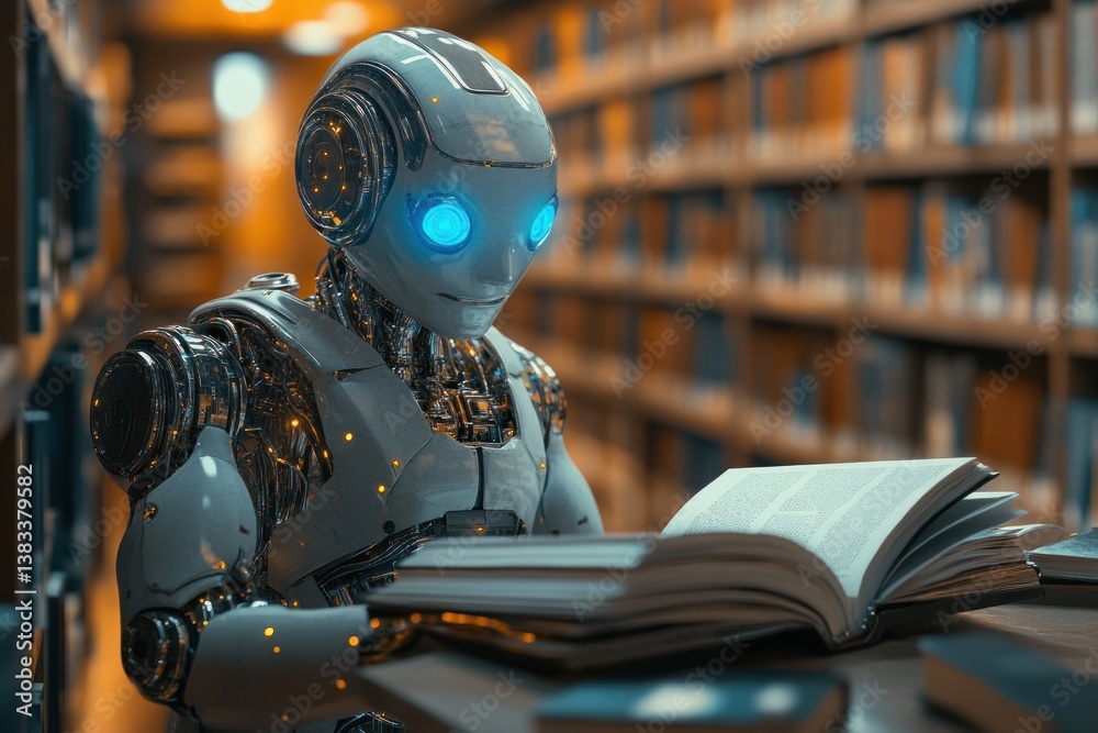Fototapeta premium In a library filled with books, an AI robot reads intently, exploring topics related to tariffs, customs duties, and trade wars