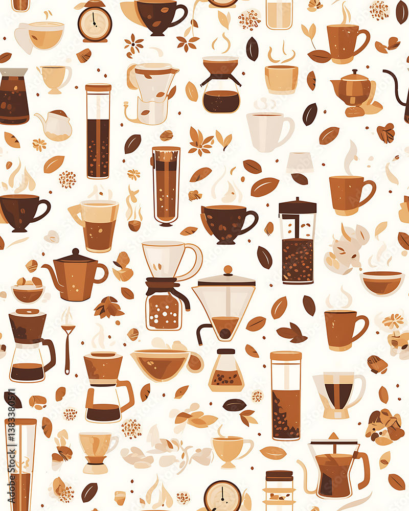 seamless pattern Realistic and artistic illustrations of coffee beans, brewing equipment, coffee cups for background or wallpaper seamless pattern Realistic and artistic illustrations of coffee beans, brewing equipment, coffee cups for background or wallpaper