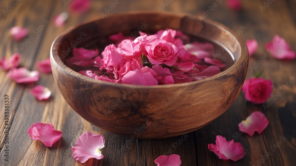 A rustic wooden bowl contains clear water, adorned with pink rose petals floating gently A rustic wooden bowl contains clear water, adorned with pink rose petals floating gently