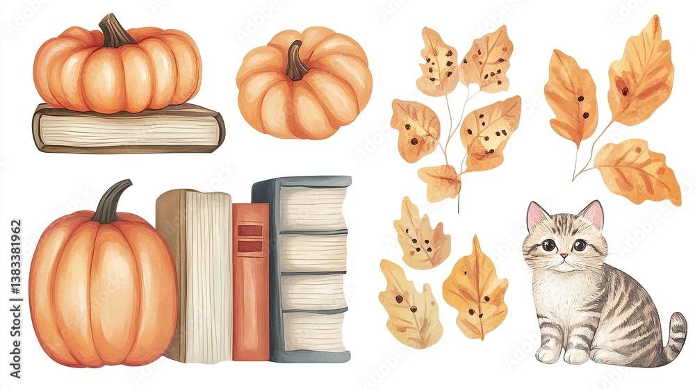 Fototapeta premium set of isolated cute pumpkin, books, cat