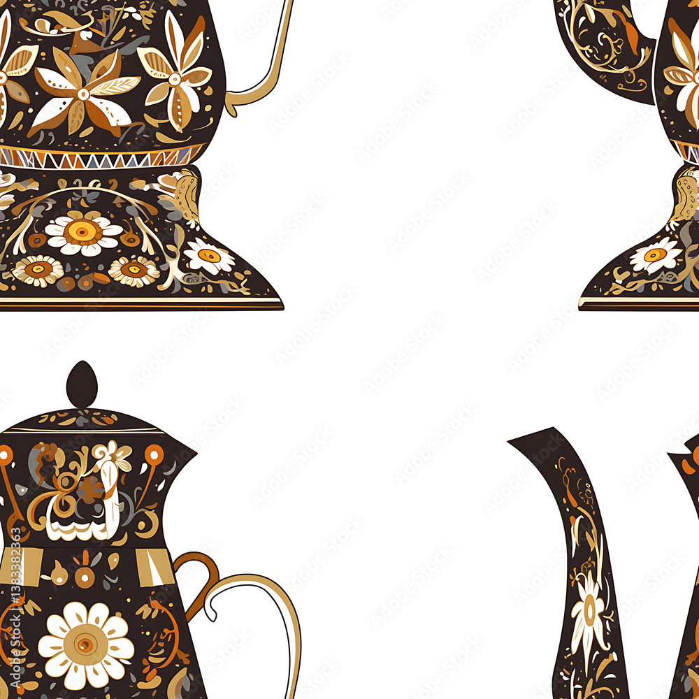 seamless pattern Realistic and artistic illustrations of coffee beans, brewing equipment, coffee cups for background or wallpaper