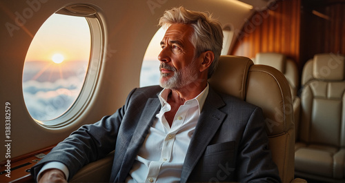 Businessman in a first-class airplane cabin, contemplating work and deals during a flight