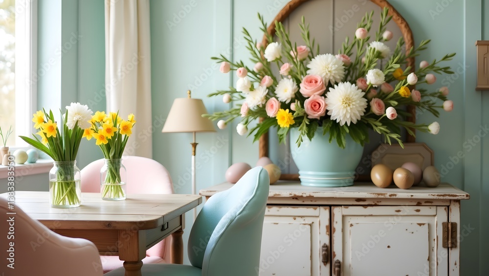 A contemporary Easter composition featuring a coffee table with pastel eggs, ceramic bunny figurines, and a sculptural vase with fresh flowers. A contemporary Easter composition featuring a coffee table with pastel eggs, ceramic bunny figurines, and a sculptural vase with fresh flowers.