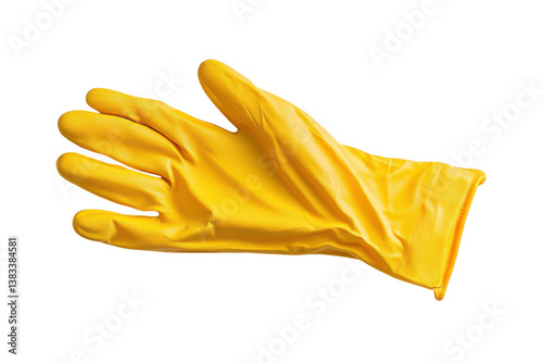 Vibrant yellow rubber glove resting on a white surface, perfect for household cleaning tasks