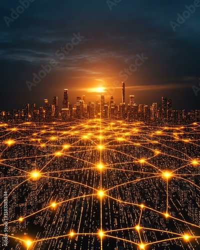 Futuristic network connection over city skyline.
