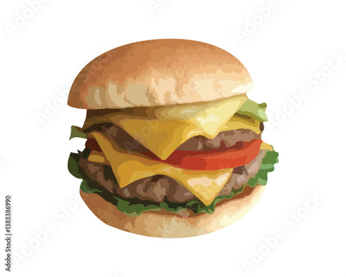 Cheese burger vector. Burger, hamburger, vector, cheese, meat, sandwich, illustration, food, fast, meal, lunch, icon. Can use for infographic, banner, poster, web design. Isolated on white background.