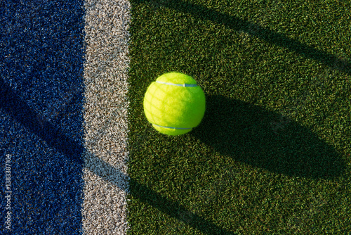 Close-up of Tennis Ball on blue/green synthetic court with shadow of tennis racket