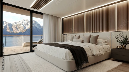 Luxury cruise ship suite with a panoramic sea view, elegant interior, and open balcony doors letting in fresh ocean air