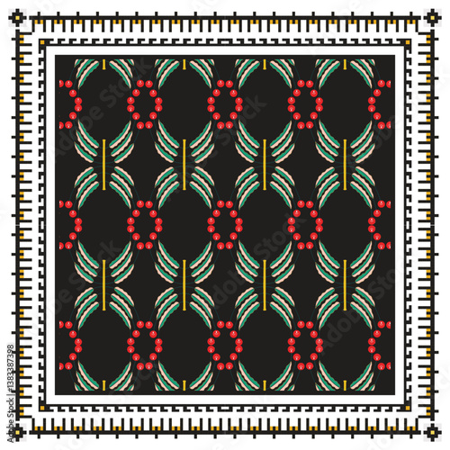 Square scarf print pattern fabric with green leaves and red berries on a black background, framed by a geometric border