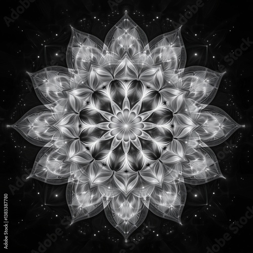 Intricate black and white mandala with perfect symmetry and spiritual elegance	