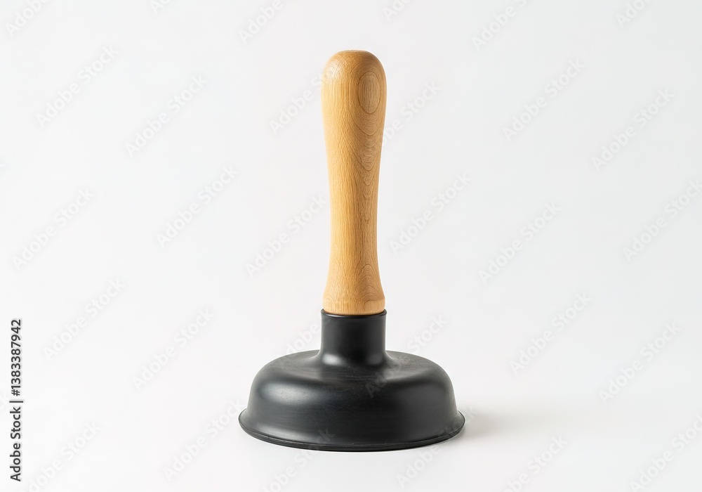 A plunger with a wooden handle and a black rubber cup isolated on white Ai generated. A plunger with a wooden handle and a black rubber cup isolated on white Ai generated.