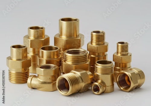 A set of brass fittings with a variety of sizes and shapes isolated on white Ai generated.