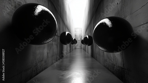 Surreal 3D black and white spheres floating in a minimalist abstract space	
