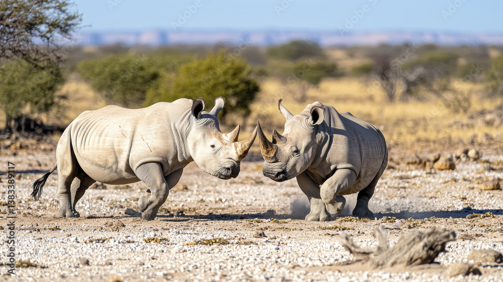 Fototapeta premium Two rhinoceroses playfully interact in natural habitat, showcasing their strength and grace