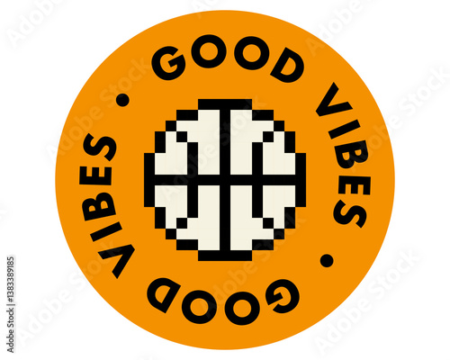 Pixel art sticker for sport activity in retro 90s style. Y2k inspired basketball icon. Cool badge element for basket. Geometric modern shape for collage, poster, stamp, logo.Vector illustration