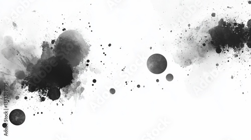 Black ink blobs and splatters on white background create an abstract look