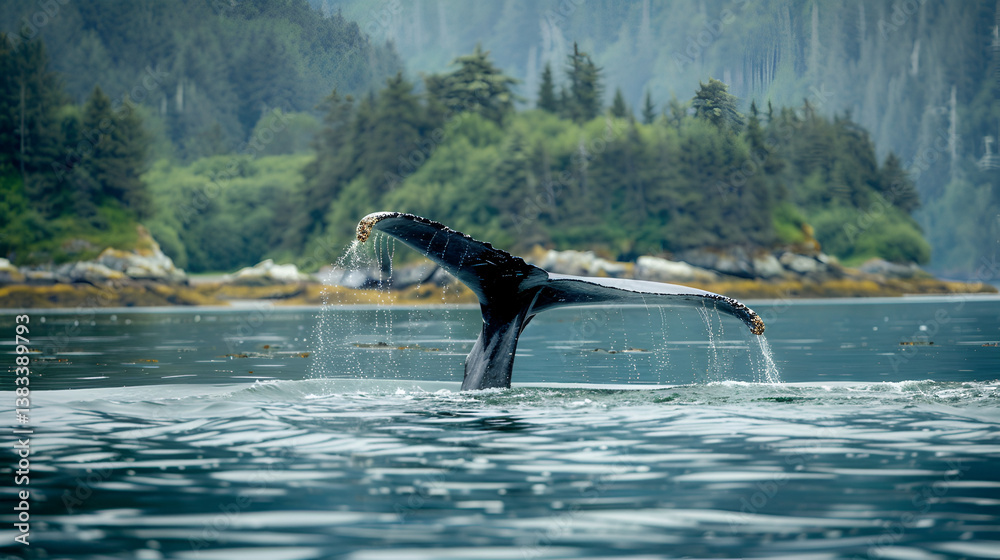 Obraz premium Majestic whale tail fluke dives into ocean waves with water droplets splashing