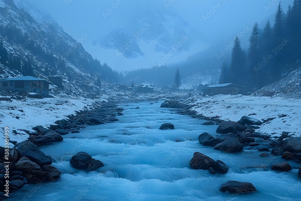 Majestic Winter Mountain Stream Flowing Through Snowy Landscape at Dusk Majestic Winter Mountain Stream Flowing Through Snowy Landscape at Dusk