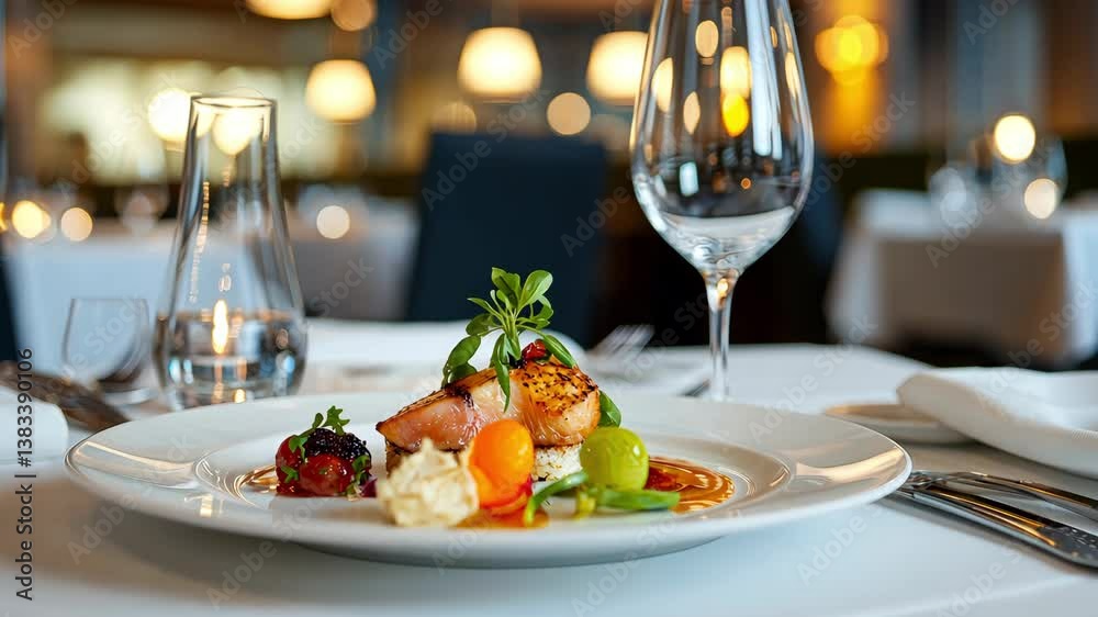 Gourmet Dinner Presentation on a White Plate in Elegant Restaurant Gourmet Dinner Presentation on a White Plate in Elegant Restaurant
