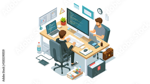 isometric view flat vector of a computer programmers on his desk working