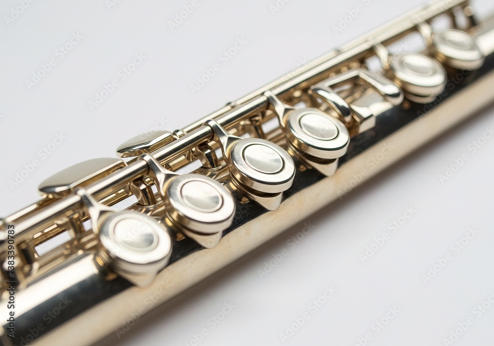 Fototapeta premium A silver flute with a silver mouthpiece AI generated.