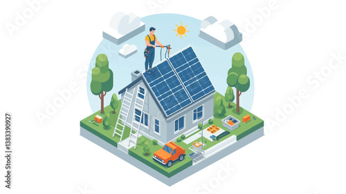 flat vector of a technician installing solar panels 