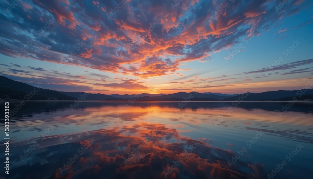 Breathtaking Sunset Over Calm Lake with Reflection and Colorful Sky Breathtaking Sunset Over Calm Lake with Reflection and Colorful Sky