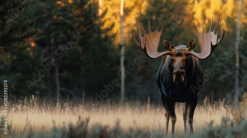 Shiras moose standing in a field at sunset photo
