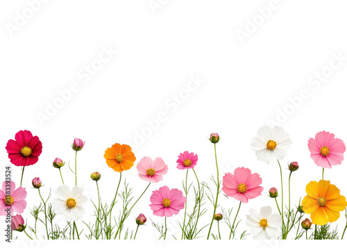 Colorful cosmos flowers on a transparent background. Floral design element for spring and summer themes.