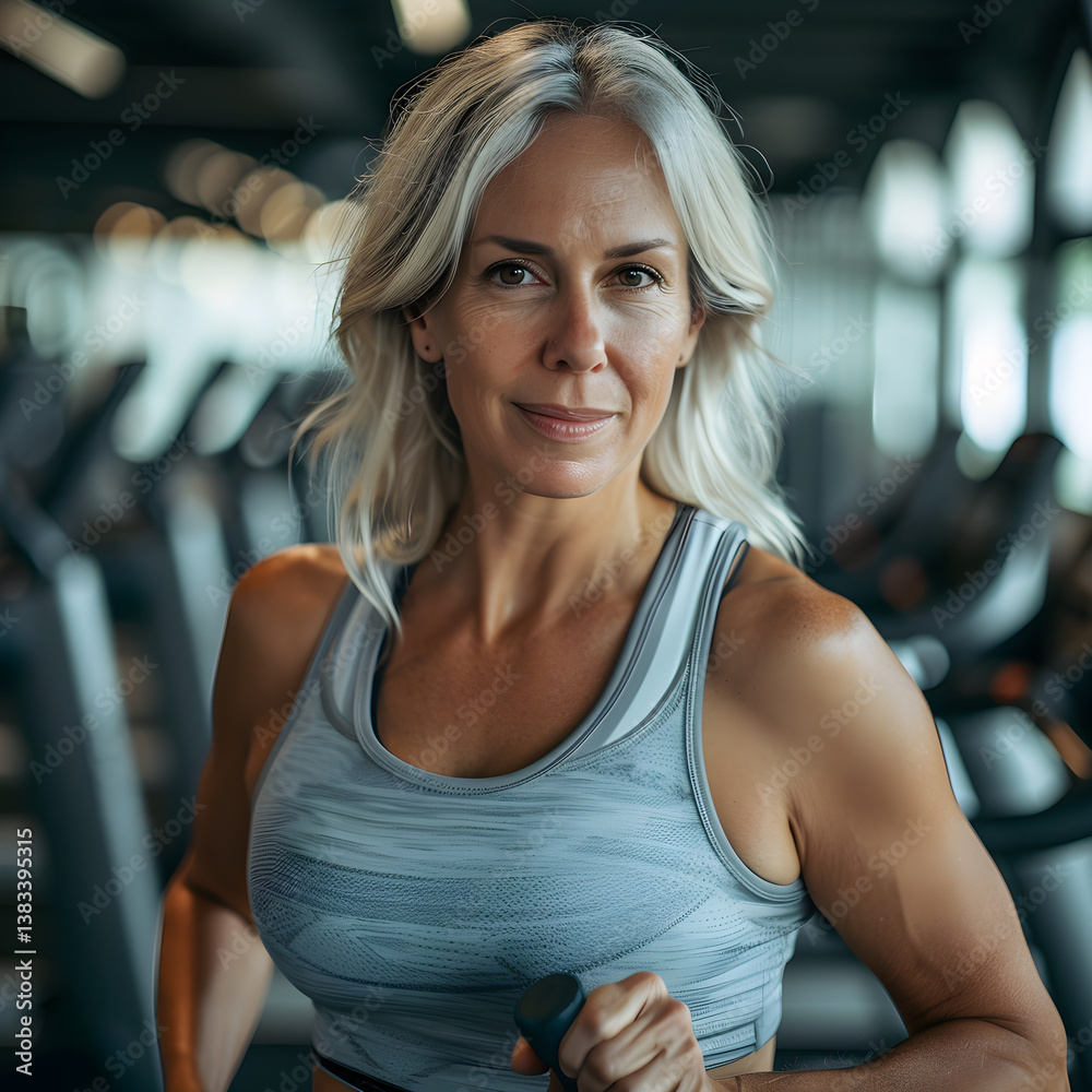 Fototapeta premium mature woman with gray hair exercising on cardio equipment at the gym