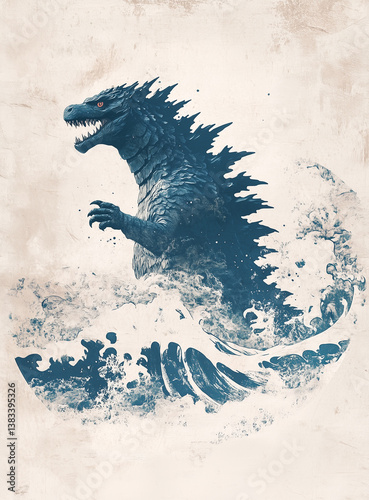 Epic digital illustration of a monstrous sea creature emerging from turbulent waves. A fusion of myth, power, and destruction in a striking, ink-wash style. Perfect for fans of kaiju, fantasy