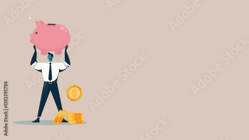 Smart Savings Strategy, A Businessman with a Piggy Bank and Coins Illustrating Financial Planning, Wealth Building, and Economic Growth