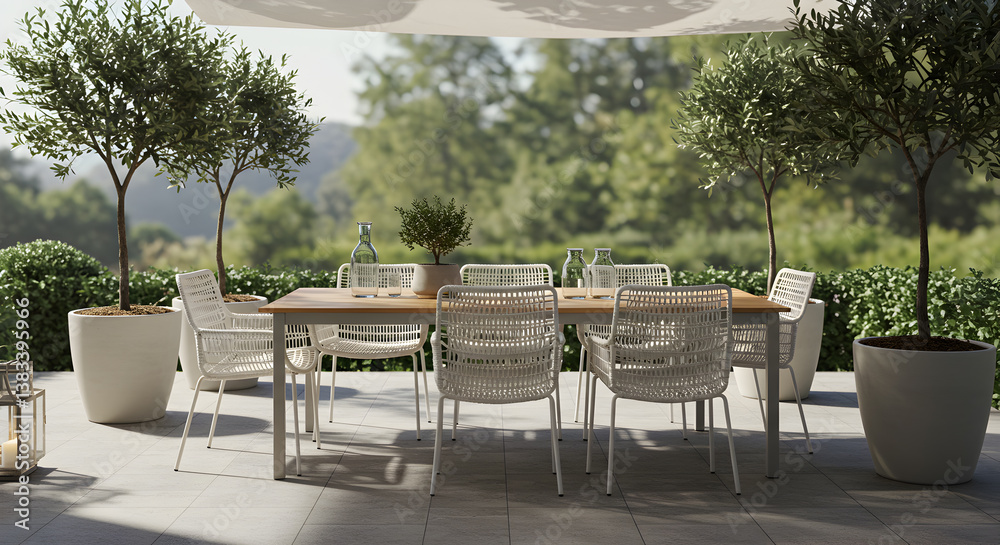 Elegant Patio Dining Space with Olive Trees in Pots on a Terrace Elegant Patio Dining Space with Olive Trees in Pots on a Terrace