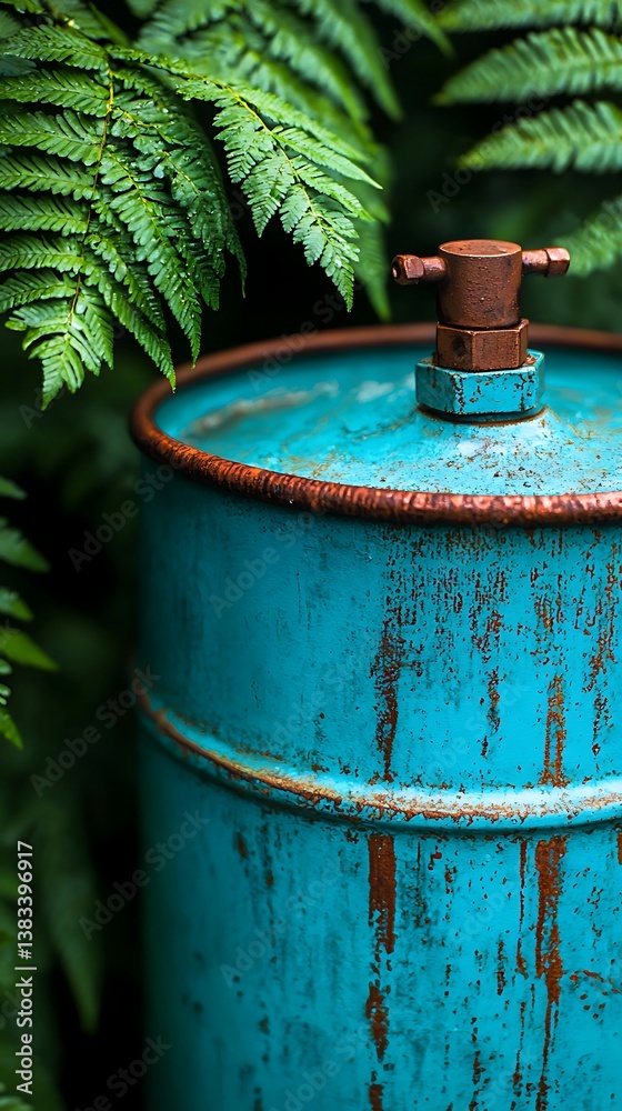 Obraz premium A vintage, rusted blue cylinder is partially hidden among lush green fern leaves, creating a striking contrast between nature and industrial elements.