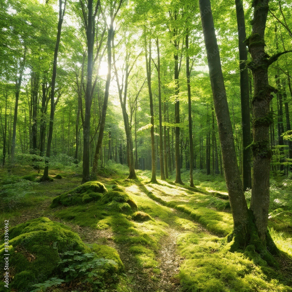 Obraz premium Forest Foliage Lush green forest with sunlight filtering through tall trees and a winding path.