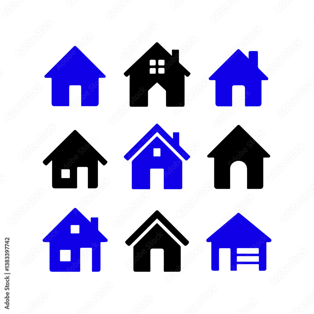Set of home icons in black and blue isolated. Collection of house symbols with various styles isolated. Set of home icons in black and blue isolated. Collection of house symbols with various styles isolated.