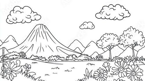 Black and white landscape with volcano and trees. Use for coloring book or educational material