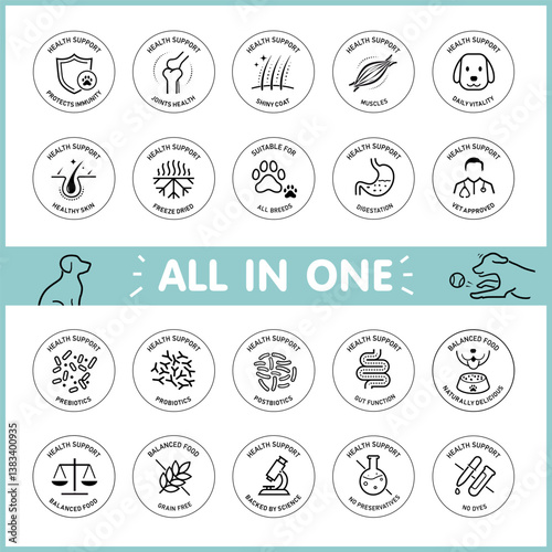A set of icons for pet treats. The main benefits from a balanced treats. The outline icons are well scalable and editable. Contrasting elements are good for different backgrounds. EPS10.