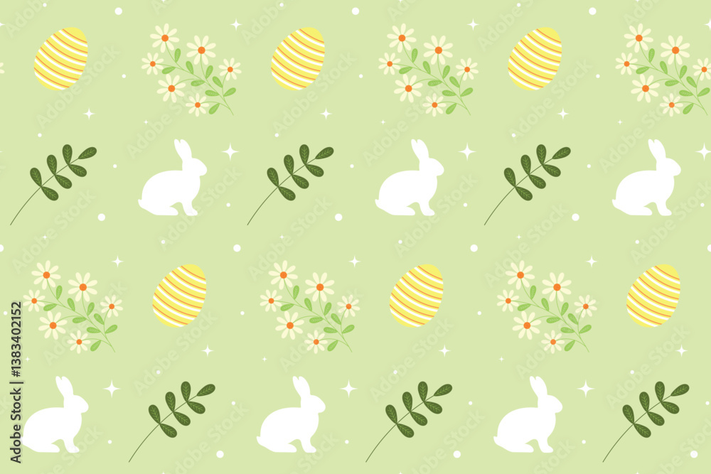 Naklejka premium Happy Easter pattern. Easter bunny, flowers , egg, twigs on green background. Design for greeting cards, posters, decorations, wrapping paper, textile. Flat cartoon style.Vector illustration.