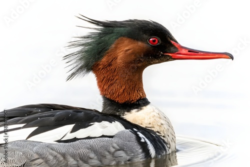 A red-crested cormorant, a wild avian with a colorful beak and black feathers, is a duck-like bird in the water, its wings wet from the rain