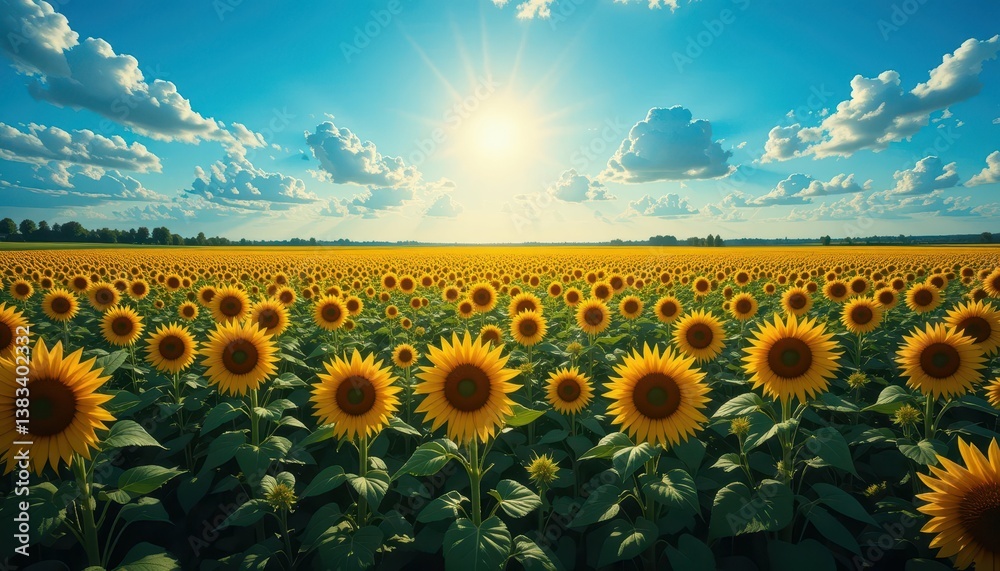 Obraz premium Bright Sunflowers Under Radiant Sky in Field During Golden Hour