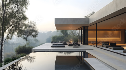 Ultra-modern minimalist mansion, sharp geometric lines, expansive windows, empty space, clean architectural design