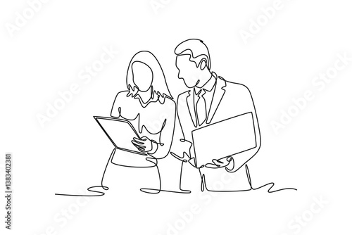 Businesspeople signing business contract. Agreement business concept. Single line draw design. Vector graphic illustration