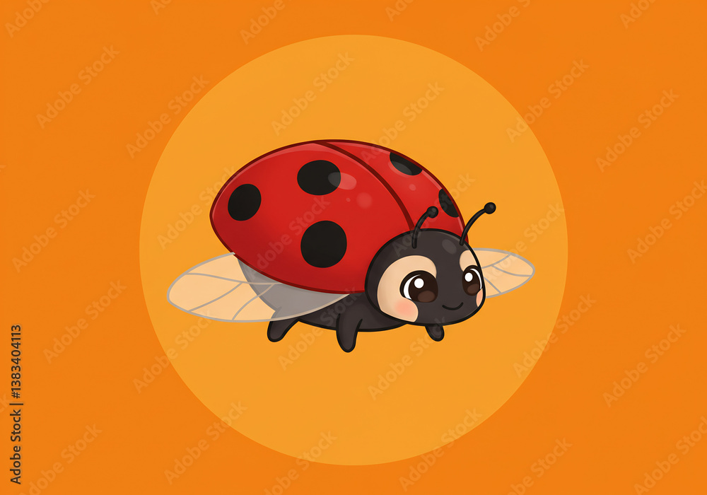 Fototapeta premium Cute Cartoon Ladybug Illustration Pixel Art Style Orange Background