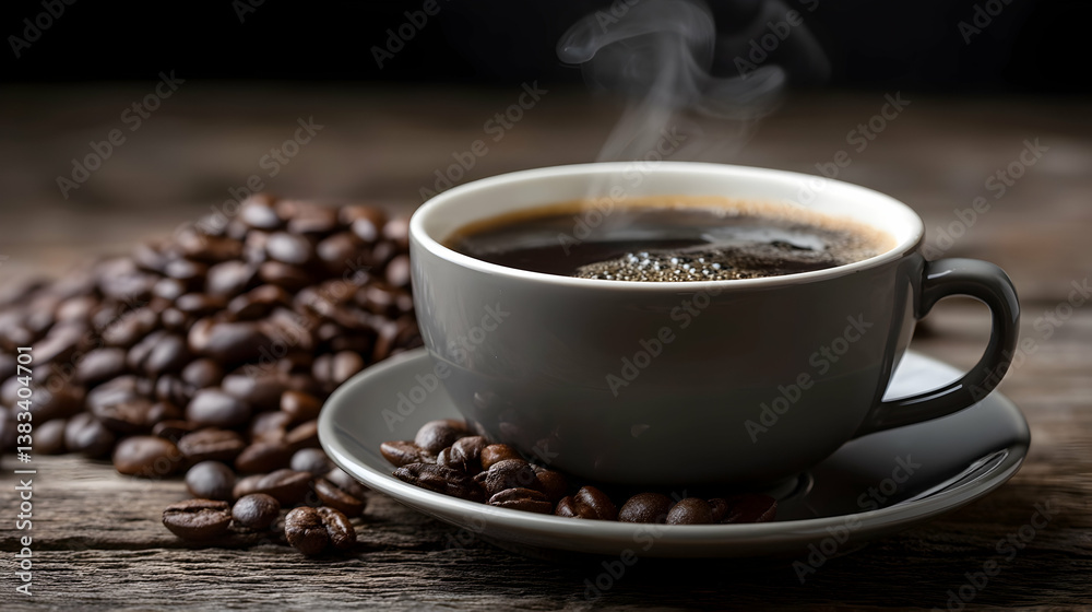 Freshly Brewed Coffee in Gray Cup with Coffee Beans on Rustic Wooden Table Freshly Brewed Coffee in Gray Cup with Coffee Beans on Rustic Wooden Table