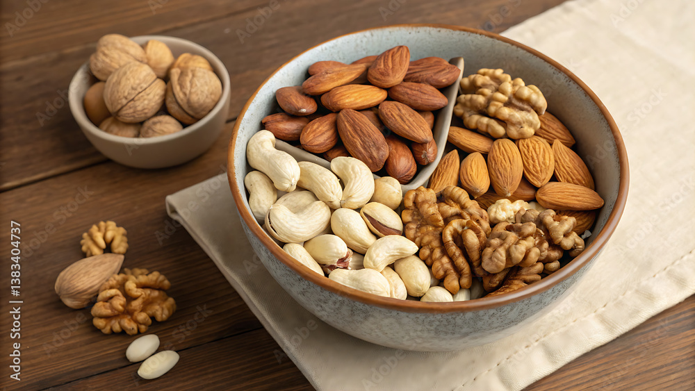 Delicious and Nutritious Nuts.A tempting variety of almonds, cashews, and walnuts arranged in a bowl on a rustic wooden surface. Royalty-free stock photo. Delicious and Nutritious Nuts.A tempting variety of almonds, cashews, and walnuts arranged in a bowl on a rustic wooden surface. Royalty-free stock photo.