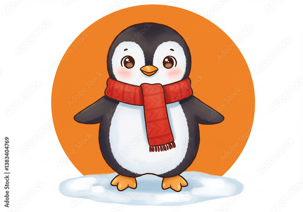 Obraz premium Cute Cartoon Penguin Wearing Red Scarf on Orange Background