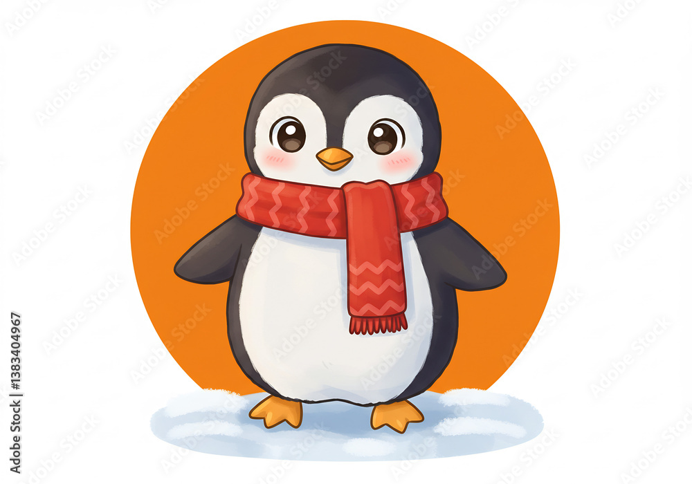 Obraz premium Cute Cartoon Penguin Wearing Red Scarf on Orange Background