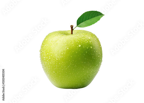 Fresh green apple with water droplets and leaf on a transparent background. Healthy eating and fruit concept.